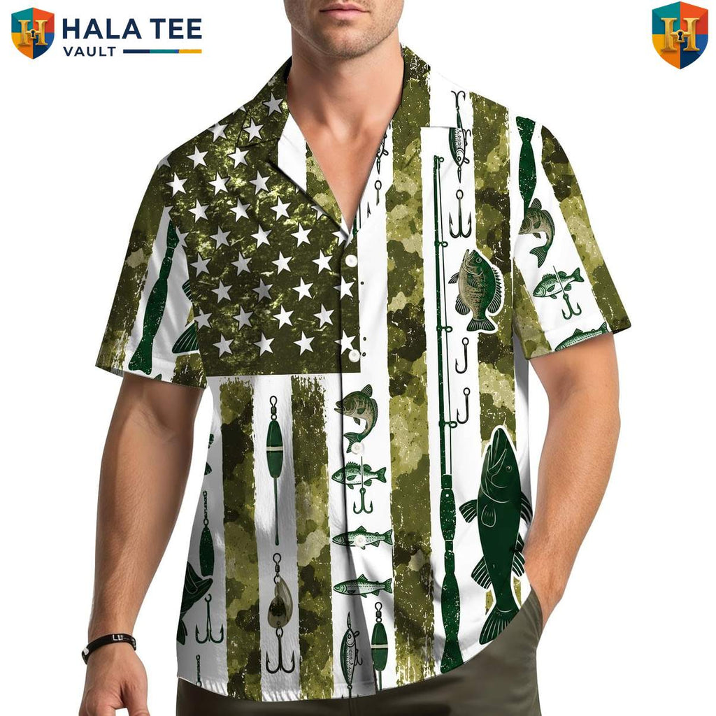 Green Flag Fishing Aloha Shirt Mens Patriotic Fourth Of July Weekend Outfit
