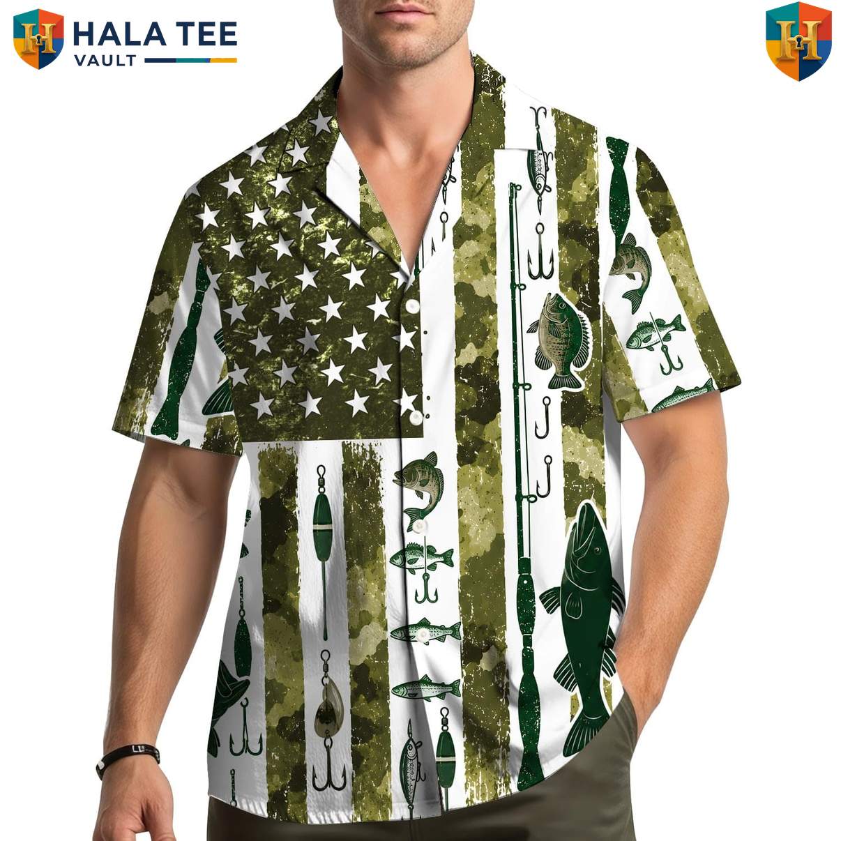 Green Flag Fishing Aloha Shirt Mens Patriotic Fourth Of July Weekend Outfit