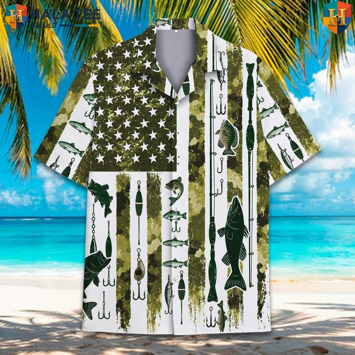 Green Flag Fishing Aloha TShirt Mens Patriotic Fourth Of July Weekend Outfit
