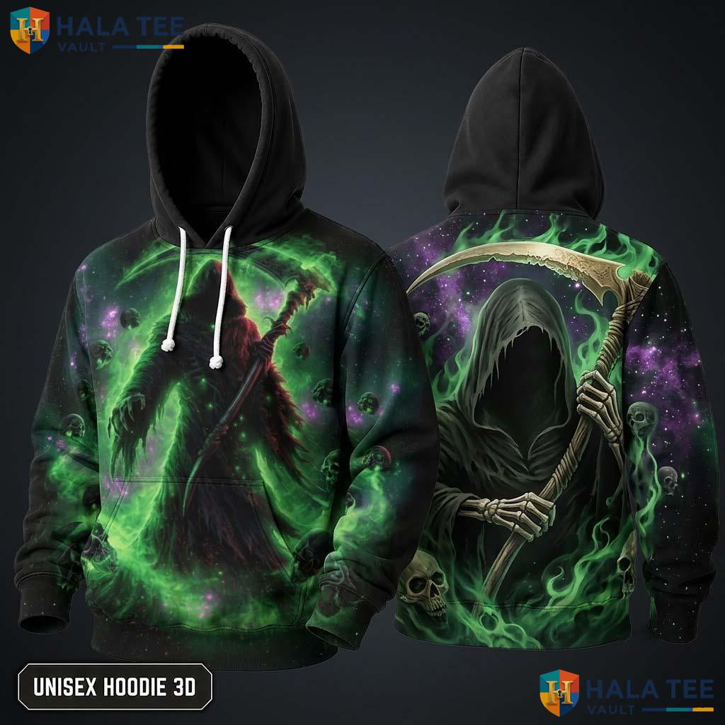 Green Flame Dark Cloak 3D Hoodie Vintage Grim Reaper Graphic Apparel