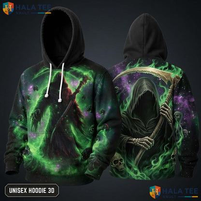 Green Flame Dark Cloak 3D Hoodie Vintage Grim Reaper Graphic Apparel