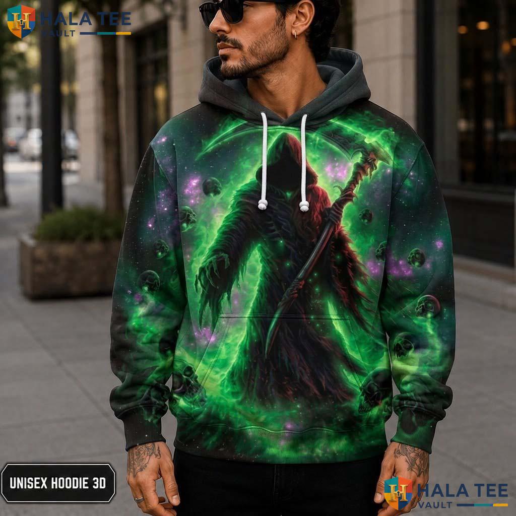 Green Flame Dark Cloak 3D Printed Hoodie Vintage Grim Reaper Graphic Apparel