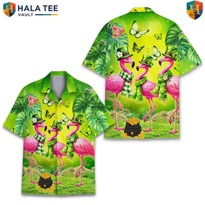 Green Flamingo Hawaiian Shirt Mens Short Sleeve Button Down Tropical Outfit