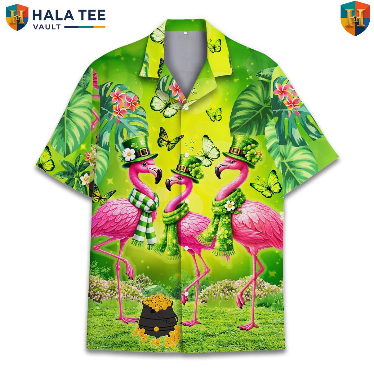 Green Flamingo Short-sleeve button-up shirt Mens Short Sleeve Button Down Tropical Outfit