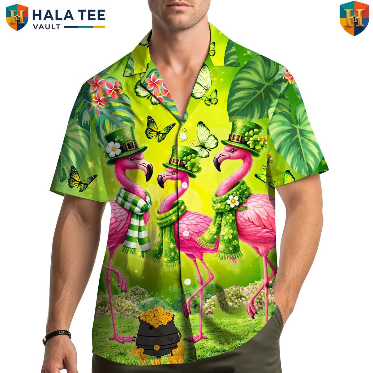 Green Flamingo Tropical Shirt Mens Short Sleeve Button Down Tropical Outfit