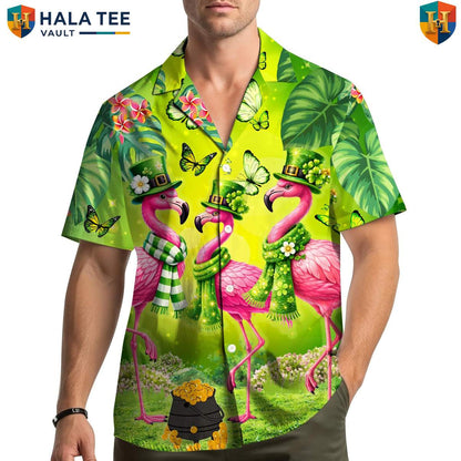 Green Flamingo Tropical Shirt Mens Short Sleeve Button Down Tropical Outfit