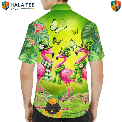 Green Flamingo Aloha Shirt Mens Short Sleeve Button Down Tropical Outfit