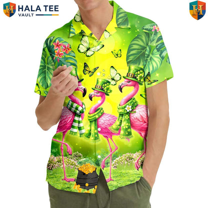 Green Flamingo Short-sleeve button-up shirt Mens Short Sleeve Button Down Tropical Outfit