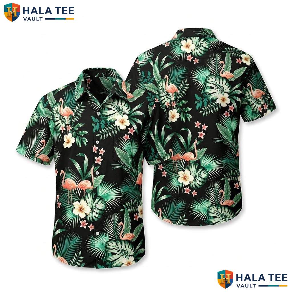 Green Flamingo Hawaiian Shirt Mens Tropical Button Down Beach Resort Top