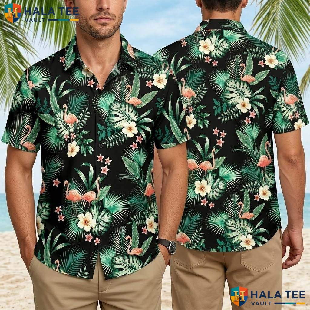 Green Flamingo Tropical Shirt Mens Tropical Button Down Beach Resort Top