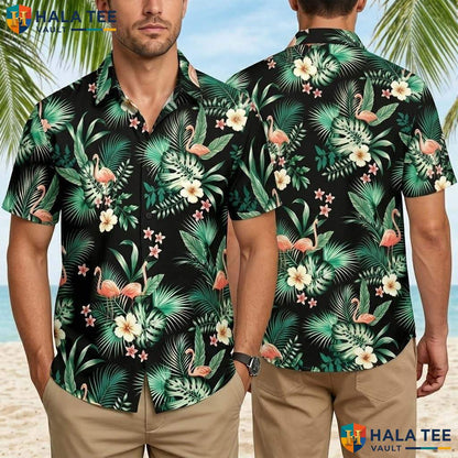 Green Flamingo Tropical Shirt Mens Tropical Button Down Beach Resort Top