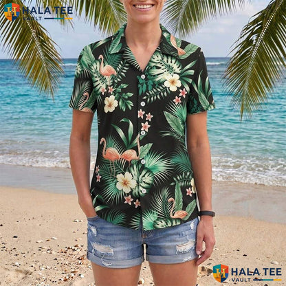 Green Flamingo Aloha Shirt Mens Tropical Button Down Beach Resort Top
