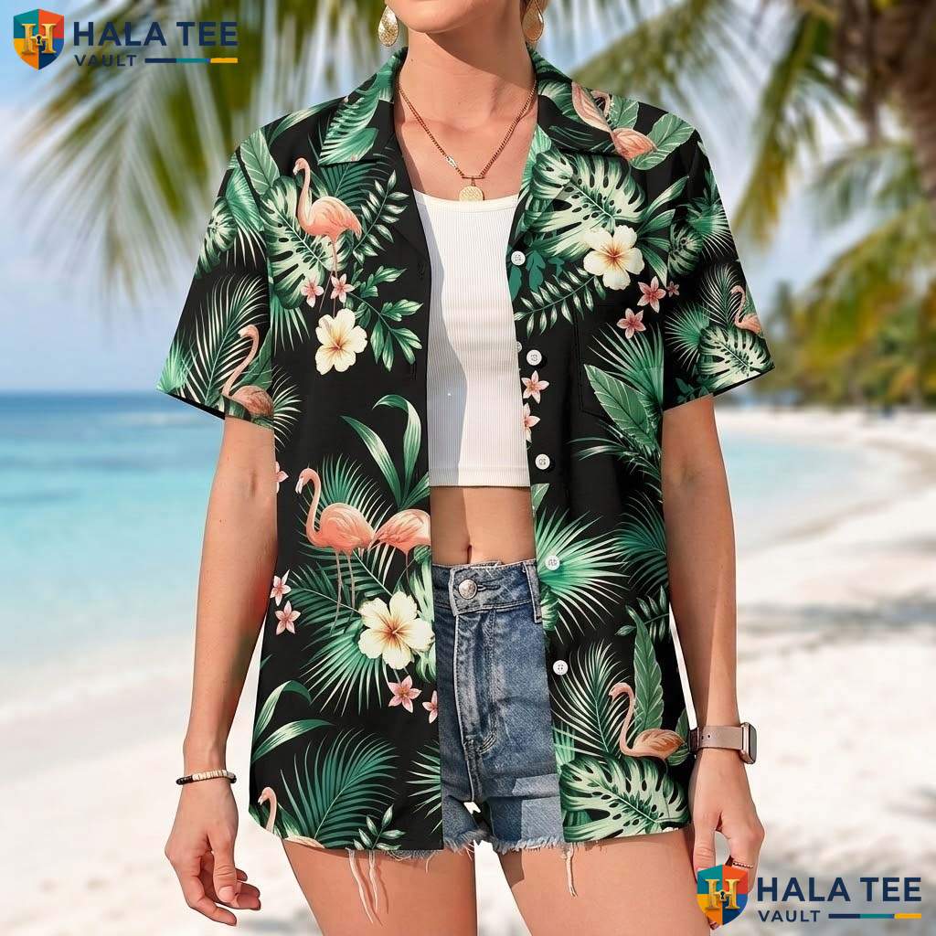 Green Flamingo Short-sleeve button-up shirt Mens Tropical Button Down Beach Resort Top