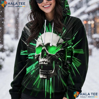 Green Geometry Skull Hoodie Men Women 3D Graphic Novelty Pullover Top AOP Hoodie