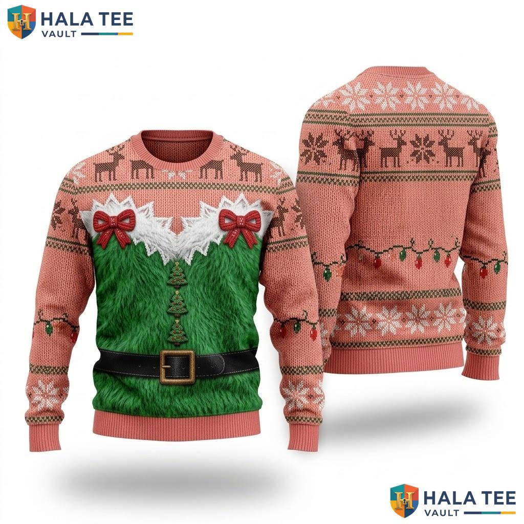 Green Monster Reindeer Christmas Sweater Funny Printed Xmas Pullover