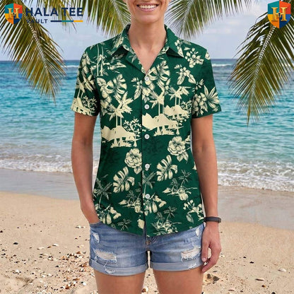 Green Palm Tree Aloha Shirt Mens Tropical Casual Summer Beach Outfit