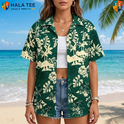 Green Palm Tree Short-sleeve button-up shirt Mens Tropical Casual Summer Beach Outfit