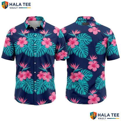 Green Pink Floral Aloha Shirt Mens Tropical Casual Summer Beachwear Top