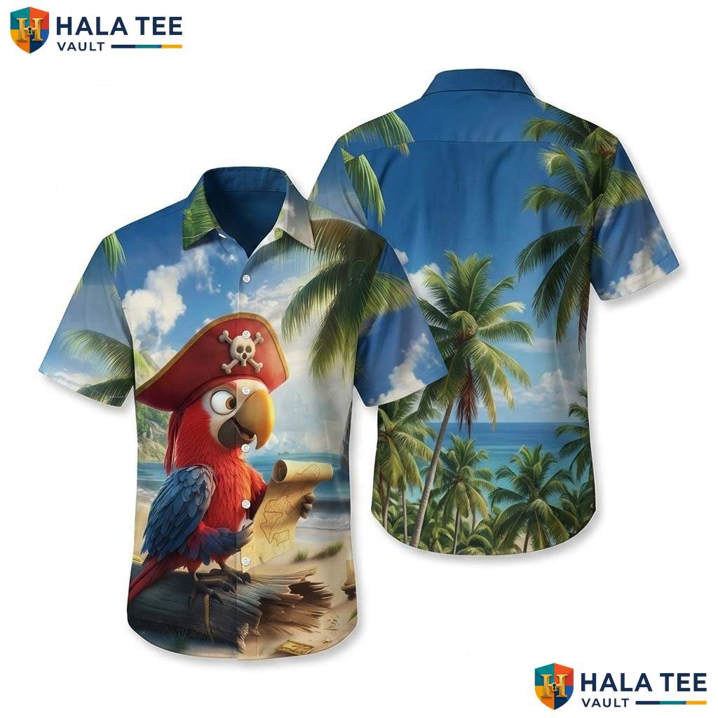 Green Pirate Skull Aloha Shirt Mens Funny Tropical Vacation Button Down