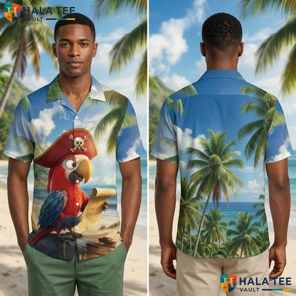 Green Pirate Skull Aloha T-Shirt Mens Funny Tropical Vacation Button Down