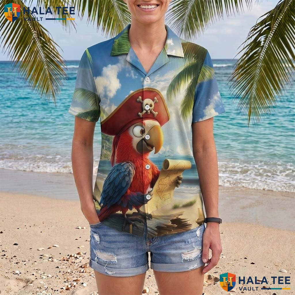 Green Pirate Skull Aloha TShirt Mens Funny Tropical Vacation Button Down