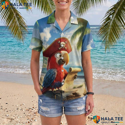 Green Pirate Skull Aloha TShirt Mens Funny Tropical Vacation Button Down