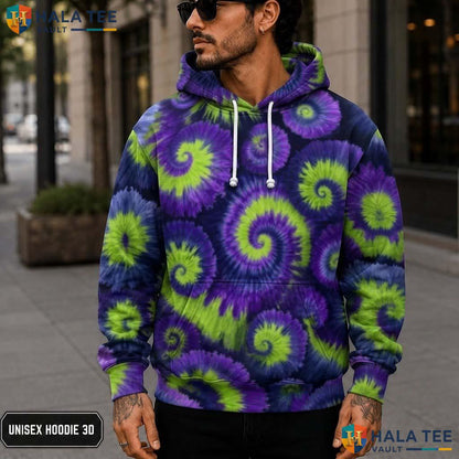 Green Purple Tie Dye Hoodie Mens Unisex Rainbow Graphic Art Pullover 3D Printed Hoodie