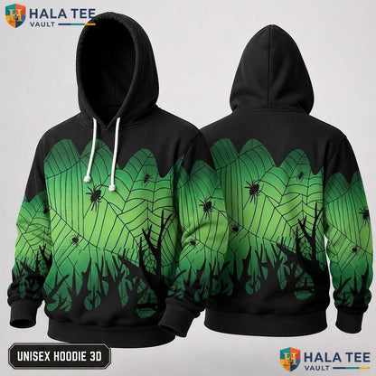 Green Spider 3D Hoodie Cool Spooky Bold Graphic Halloween Apparel Top