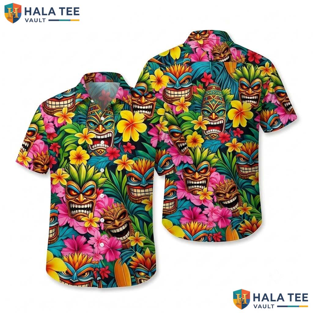 Green Tiki Funny Hawaiian Shirt Mens Crazy Graphic Vacation Apparel
