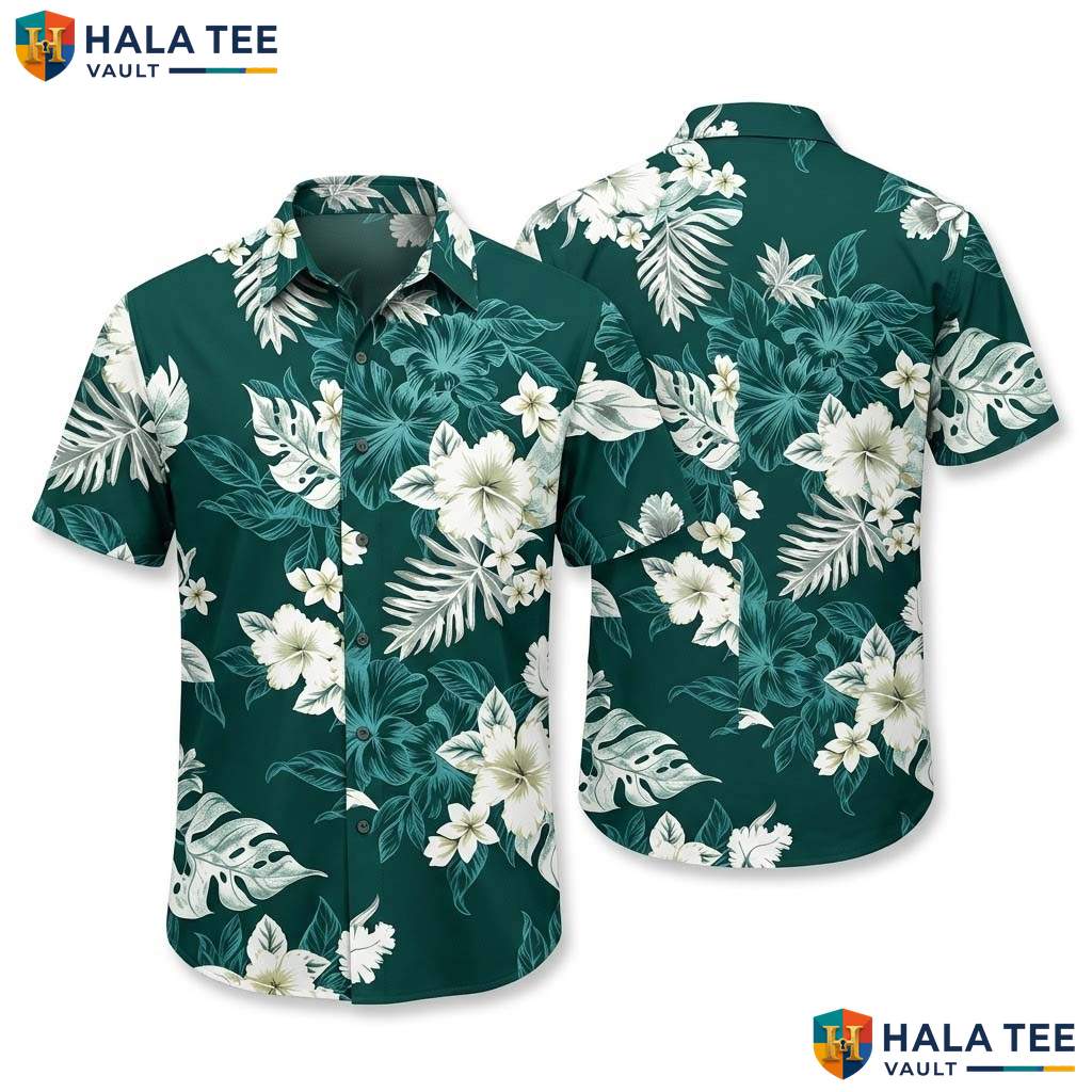 Green White Botanic Aloha Shirt Mens Tropical Casual Summer Beach Outfit