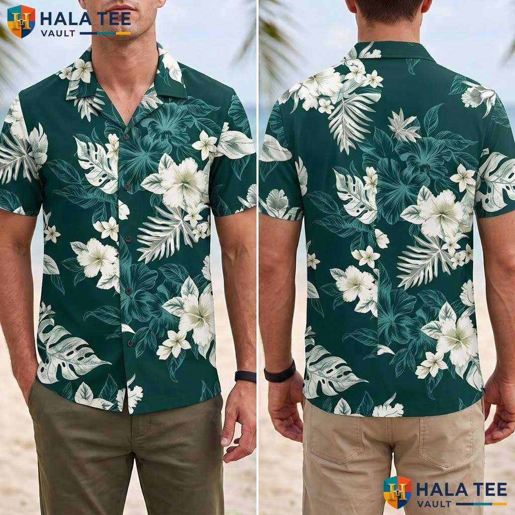 Green White Botanic Aloha T-Shirt Mens Tropical Casual Summer Beach Outfit