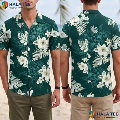 Green White Botanic Aloha T-Shirt Mens Tropical Casual Summer Beach Outfit