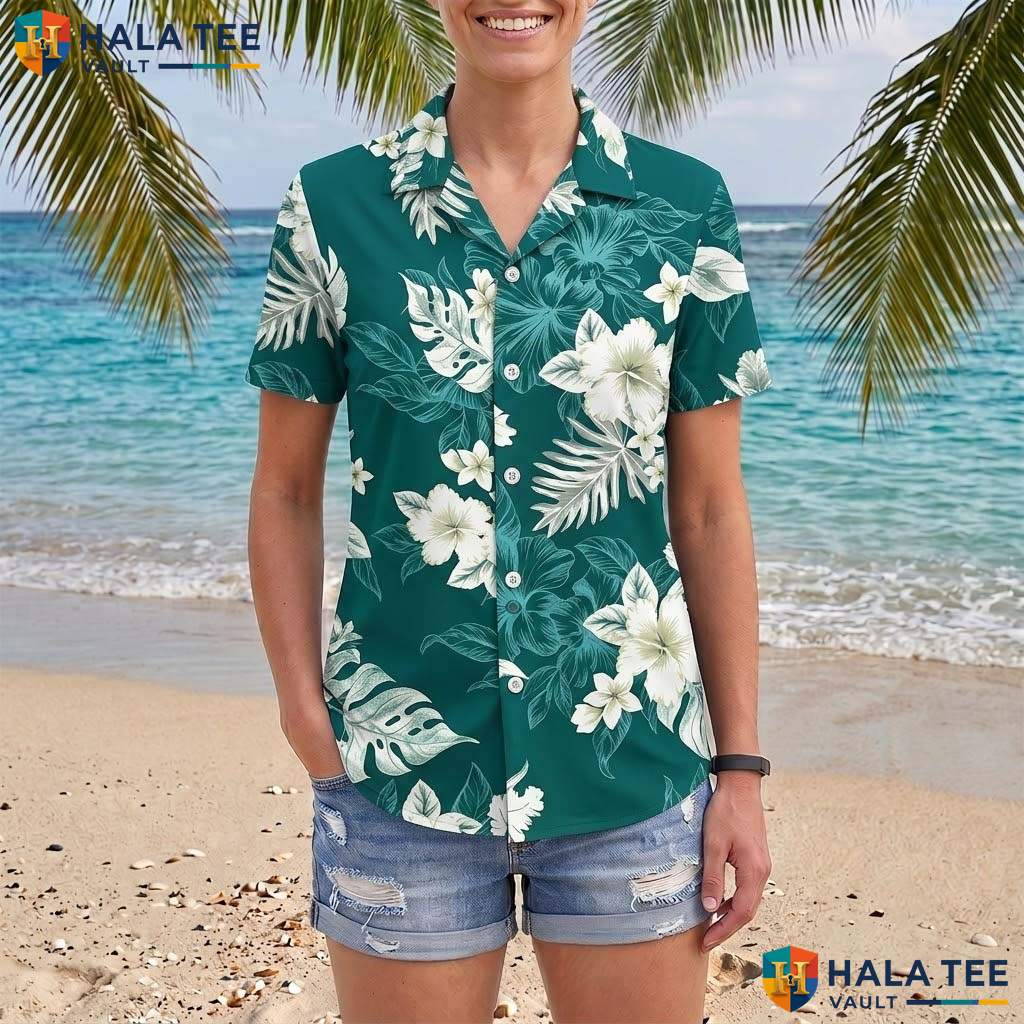 Green White Botanic Aloha TShirt Mens Tropical Casual Summer Beach Outfit