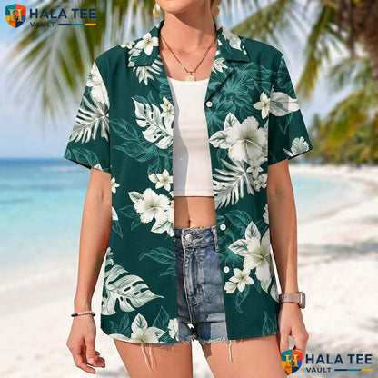 Green White Botanic Aloha Tee Mens Tropical Casual Summer Beach Outfit