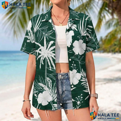 Green White Floral Aloha Tee Mens Tropical Casual Summer Beach Outfit