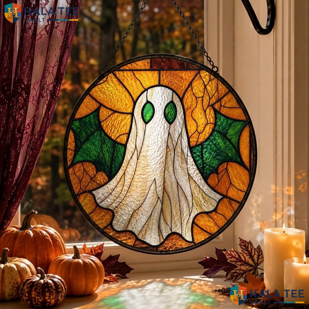 Green Wing Ghost Halloween Stained Glass Suncatcher Funny Spooky Decor Gift