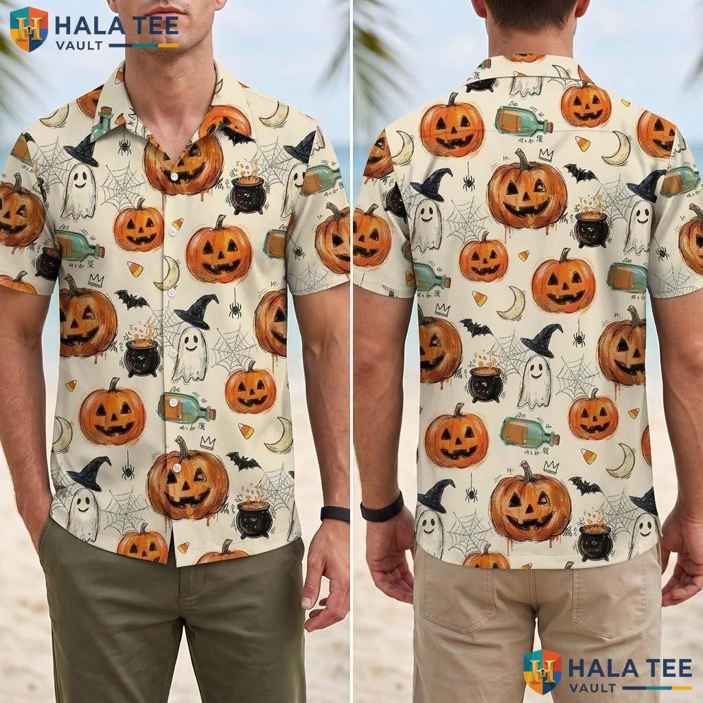 Green Witch Halloween Hawaiian Shirt Vintage Purple Pumpkin Aloha Adult