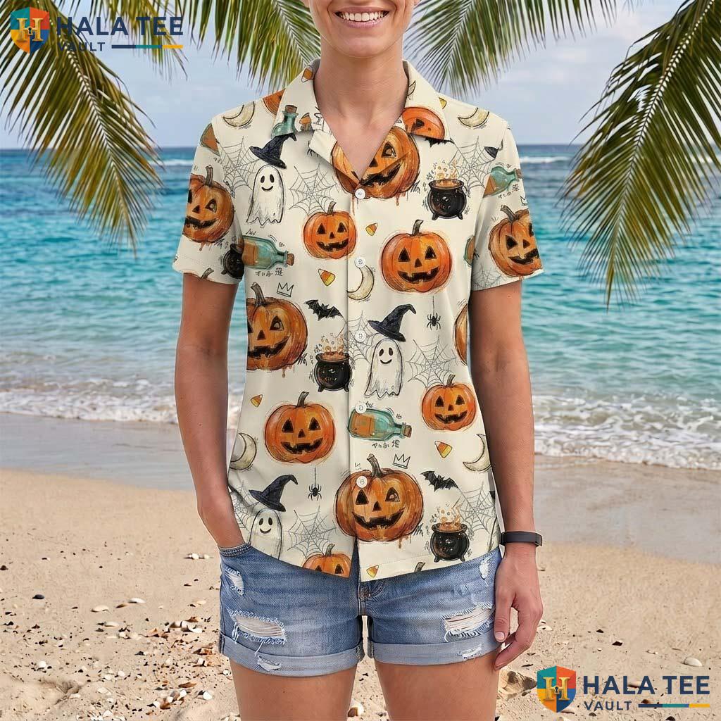 Green Witch Halloween Hawaiian Shirt Vintage Purple Pumpkin Aloha Adult