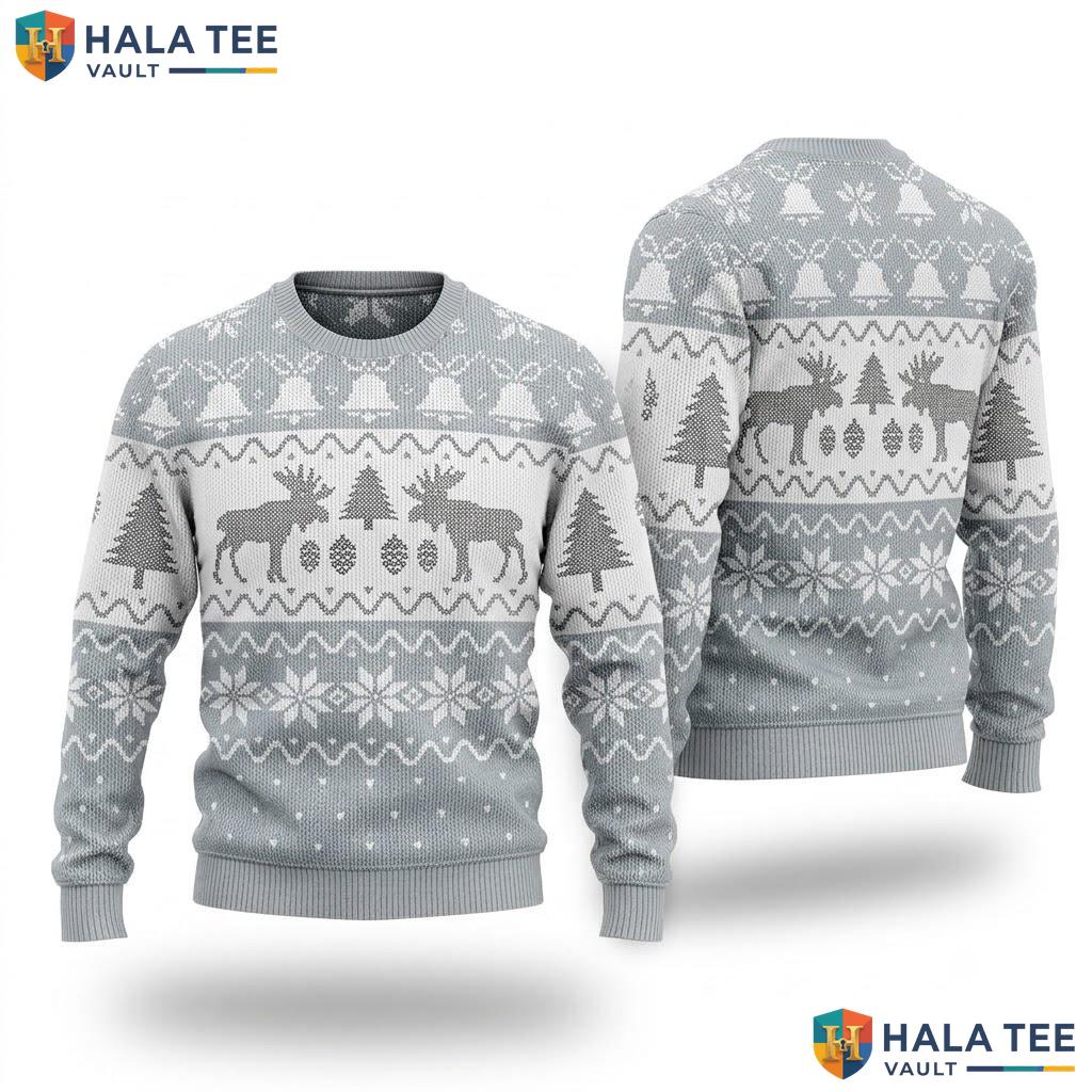 Grey Moose Snowflake Ugly Christmas Sweater Funny Festive Xmas Graphic