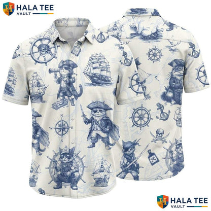 Grey Pirate Skull Hawaiian Shirt Mens Funny Buccaneer Summer Beachwear