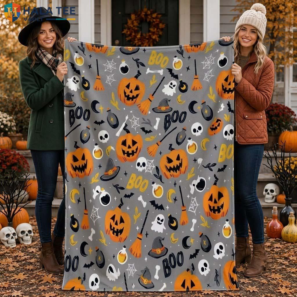 Grey Pumpkin Ghost Halloween Fleece Blanket Soft Cozy Spooky Party Throw