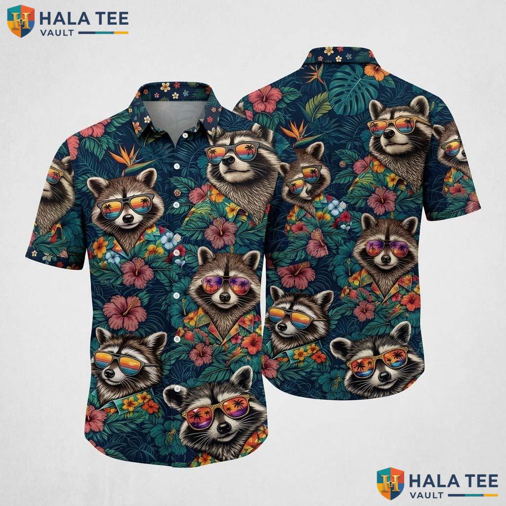 Grey Raccoon Funny Hawaiian Shirt Mens Novelty Graphic Aloha Button Up