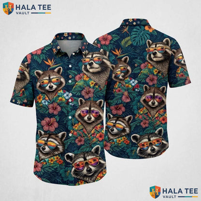 Grey Raccoon Funny Hawaiian Shirt Mens Novelty Graphic Aloha Button Up