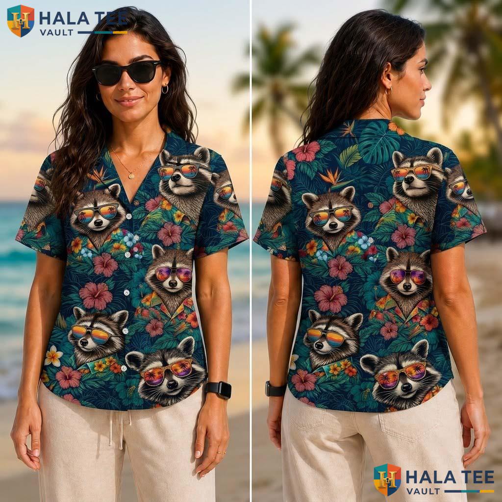 Grey Raccoon Funny Tropical Shirt Mens Novelty Graphic Aloha Button Up