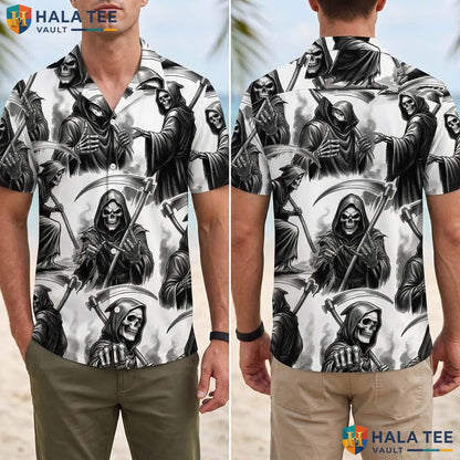 Grim Reaper Halloween Hawaiian Shirt Dark Horror Skeleton Aloha Top Adult