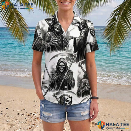Grim Reaper Halloween Hawaiian Shirt Dark Horror Skeleton Aloha Top Adult