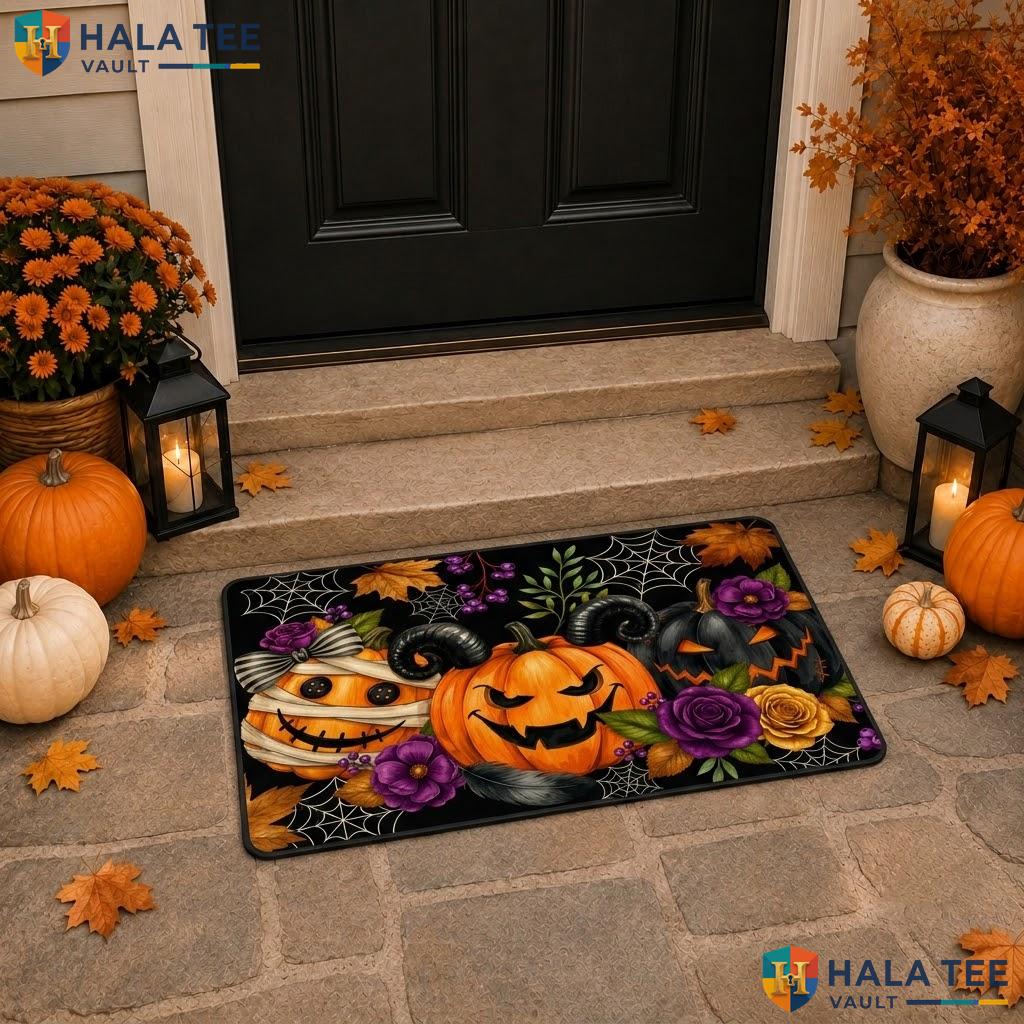 Grimace Pumpkin Halloween Doormat Purple Roses Leaves Cobweb Welcome Rug