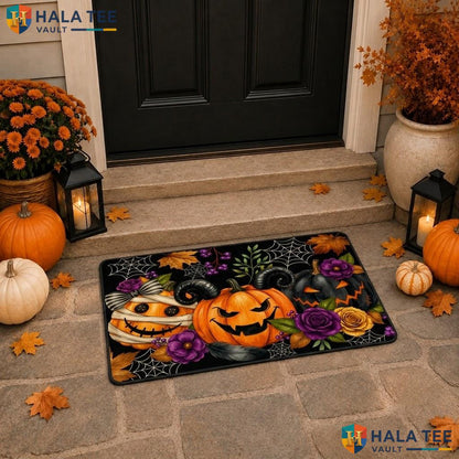 Grimace Pumpkin Halloween Doormat Purple Roses Leaves Cobweb Welcome Rug