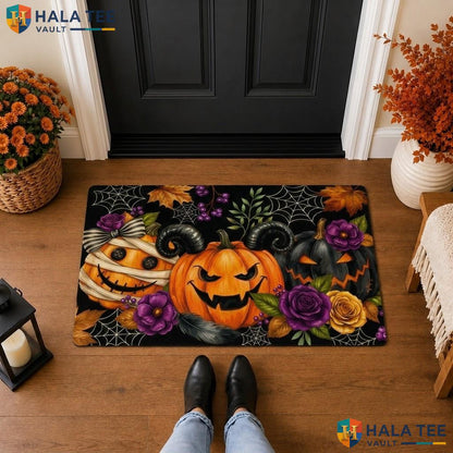 Grimace Pumpkin Halloween Front door mat Purple Roses Leaves Cobweb Welcome Rug