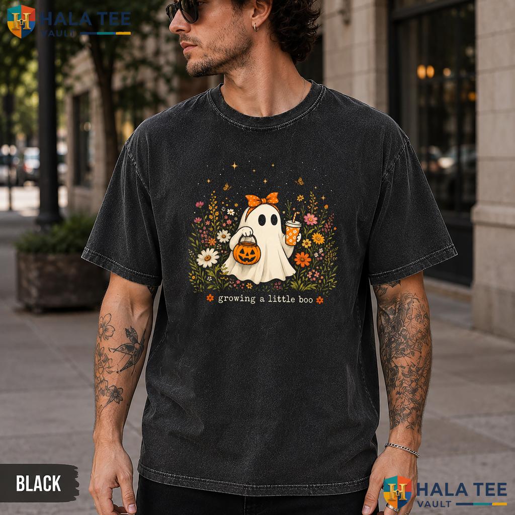 Growing Little Boo Washed T-Shirt Cute Ghost Pumpkin Pregnancy Halloween